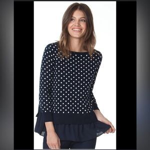 Chaps Mock-Layer Polka-Dot Top Size Large Navy and White